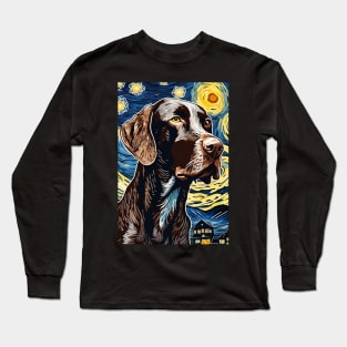 German Shorthaired Pointer Gsp Dog Breed Painting in a Van Gogh Starry Night Art Style Long Sleeve T-Shirt